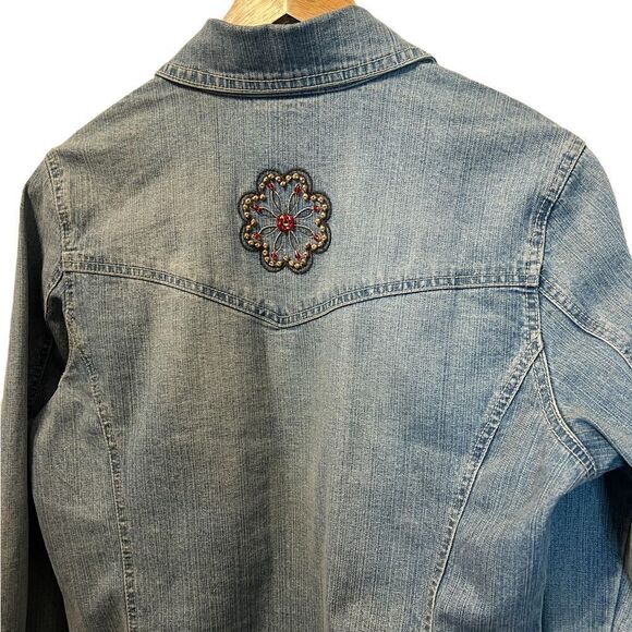 DENVER HAYES Denim Beaded Detail Button Up Stretch Jean Jacket M - Picture 4 of 8